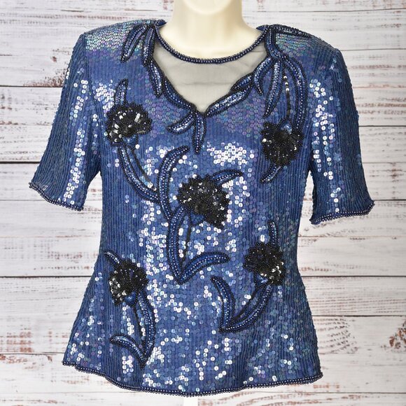 Stenay Midnight Blue Sequin and Beaded Top Size S - Picture 1 of 3